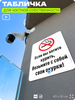 Табличка для частной территории "Если хотите курить, возьмите с собой окурки", на дом, для участка, для подъезда, организаций и частных территорий, 40х30 см, Silver Plane x Айдентика Технолоджи