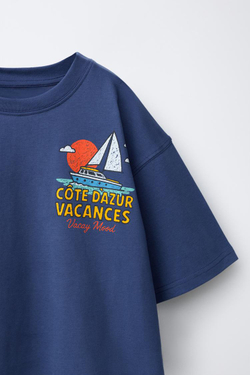 ZARA ФУТБОЛКА С ПРИНТОМ, СИНИЙ