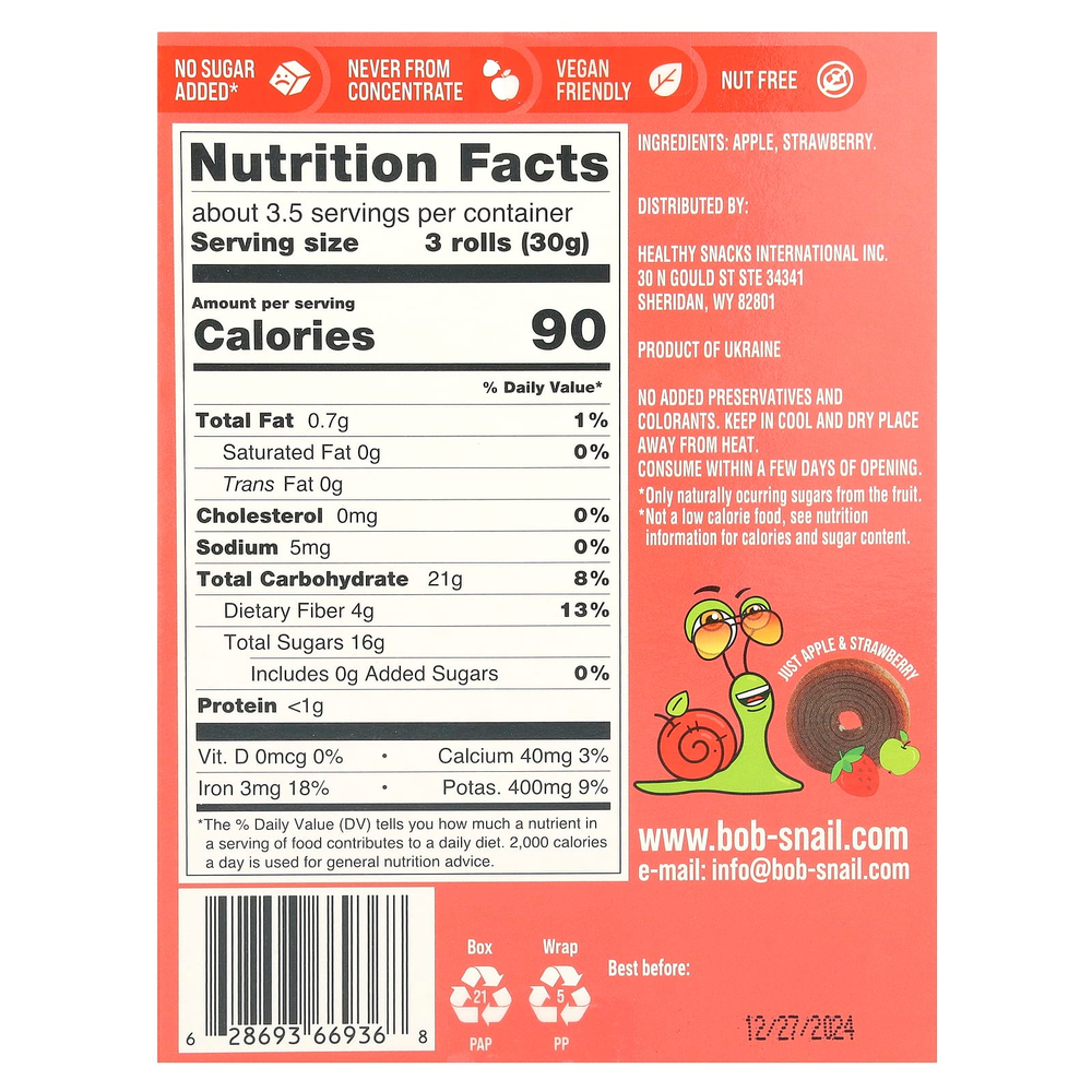 Bob Snail, Фруктовые рулеты, яблоко-клубника, 10 пакетиков по 10 г (0,35 унции)