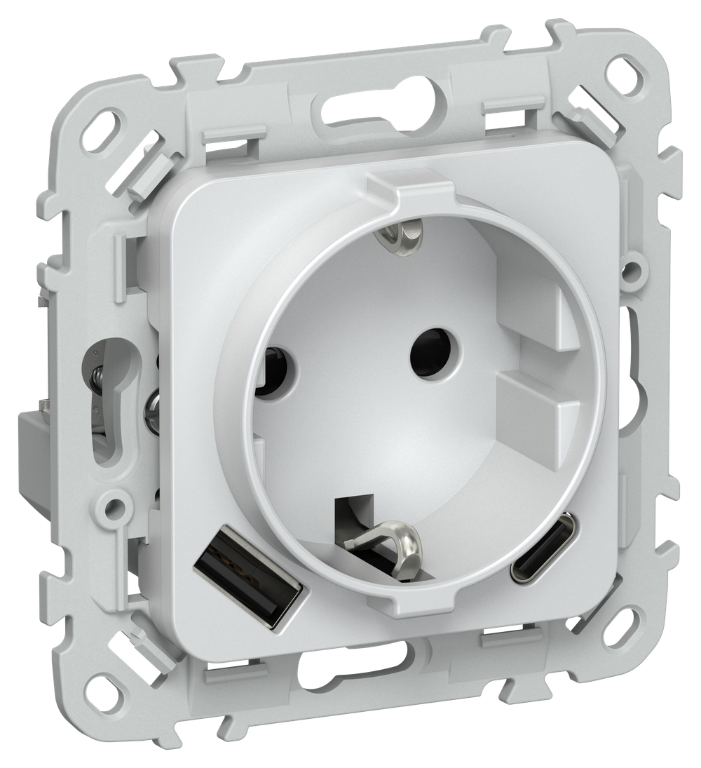 FLITE Розетка 1-местная с заземлением с защитными шторками 16А с USB A+C 20Вт РСЮшс11-0-ФлЖ жемчуг IEK