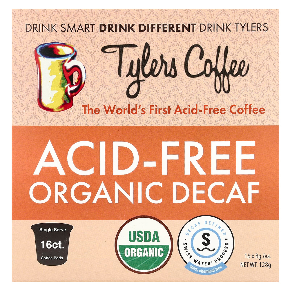 Tylers Coffees, Бескислотный органический кофе без кофеина, 16 порционных кофейных капсул, по 8 г