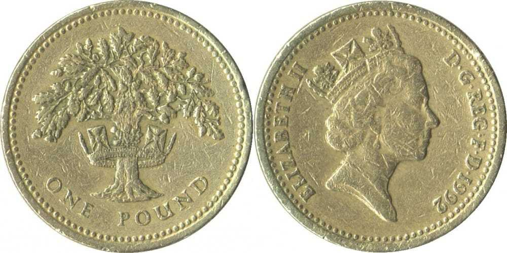 Великобритания 1 фунт, 1987-1992 Дуб VF