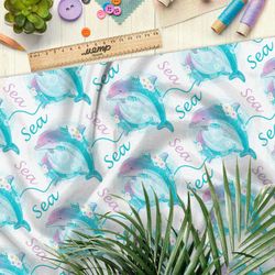 Ткань штапель мыльные дельфины на белом фоне