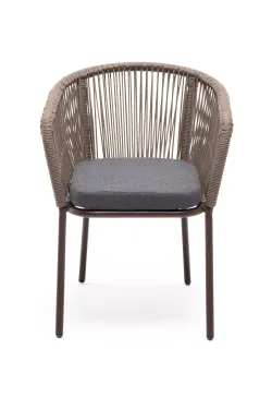 "Марсель" стул плетеный из роупа, каркас алюминий коричневый (RAL8016) муар, роуп коричневый круглый, ткань темно-серая 027