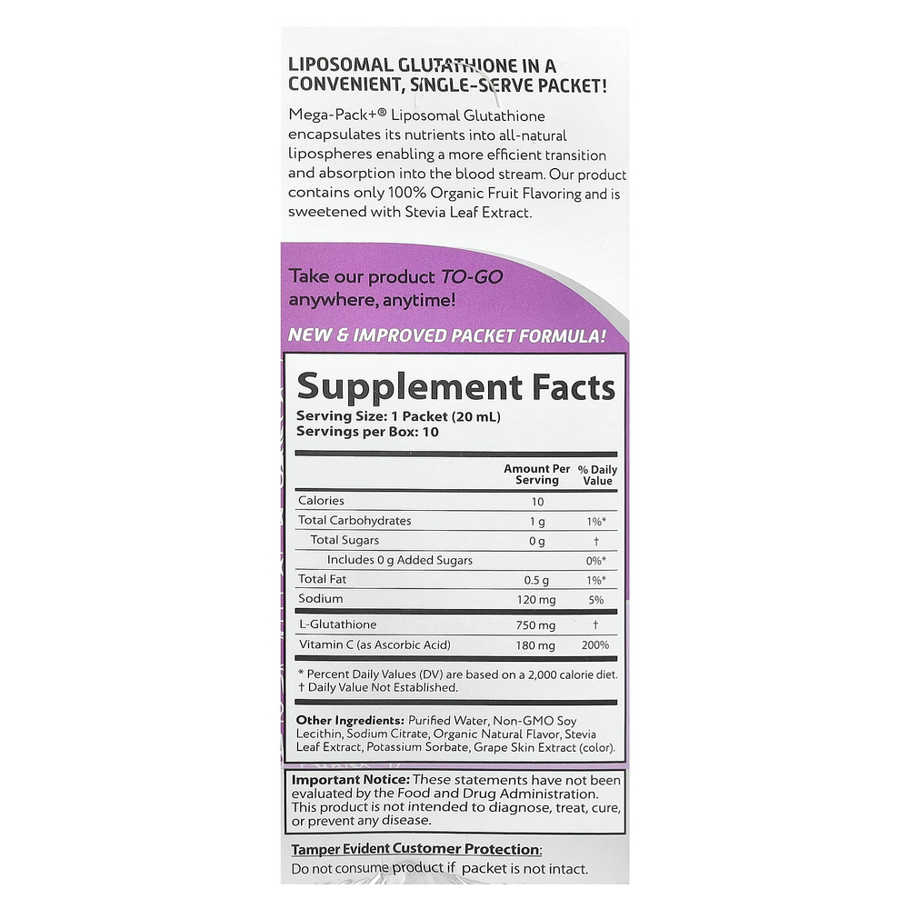 Aurora Nutrascience, Mega-Pack + ®, липосомальный глутатион, 10 пакетиков по 20 мл (0,68 жидк. Унции)