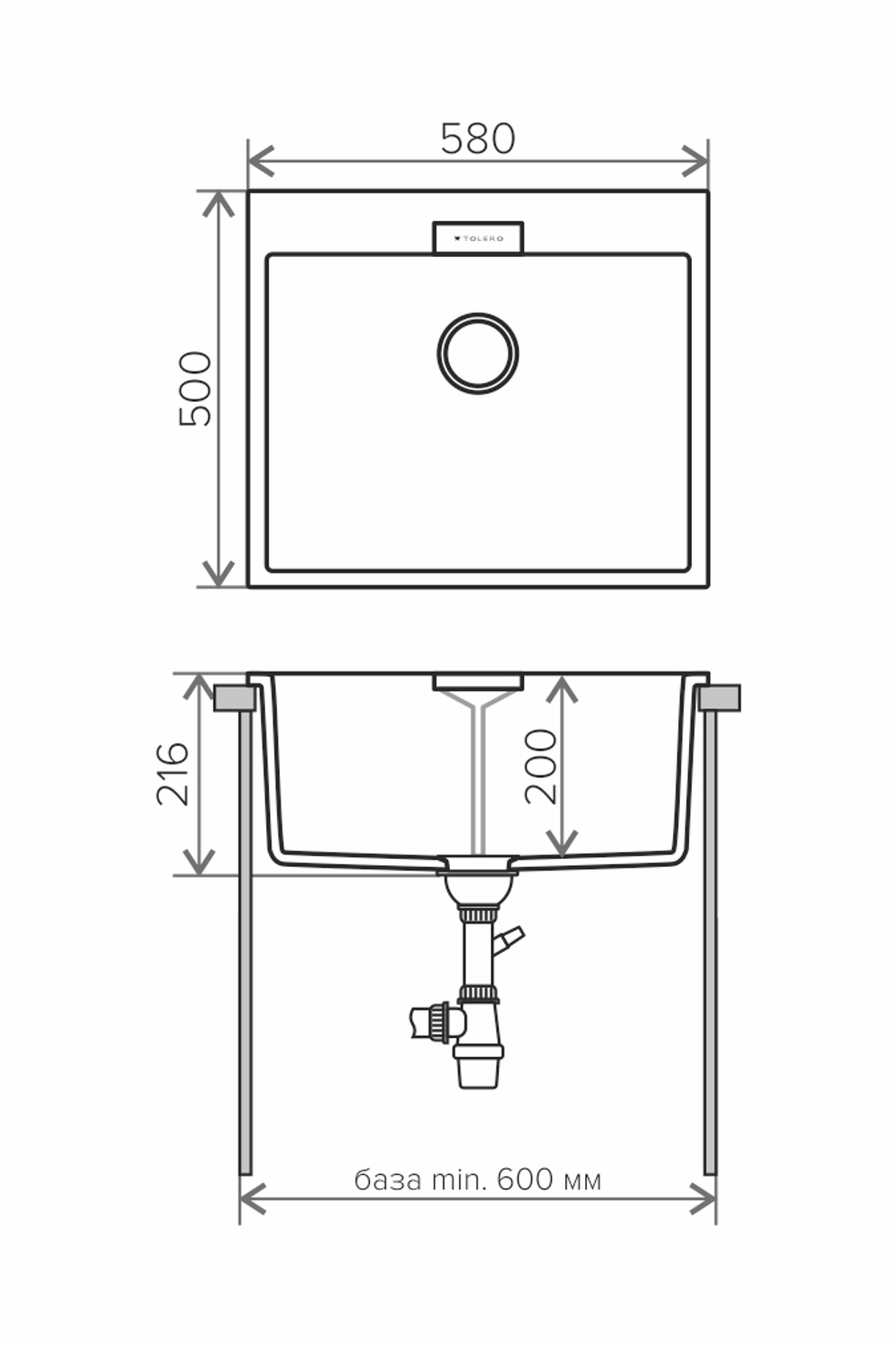 Кухонная мойка Tolero Loft TL-580 580x500мм Серый металлик №001