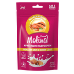 Лакомство для кошек и котят Molina хрустящие подушечки с начинкой из лосося и краба, HEALTHY SKIN & SHINY COAT, 60г