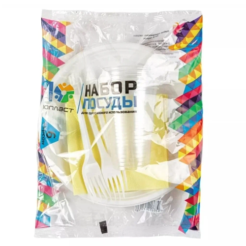 Набор посуды Юпласт на 6 персон (тарел.+вил.+стак.+салф. по 6шт.) 15упак/кор