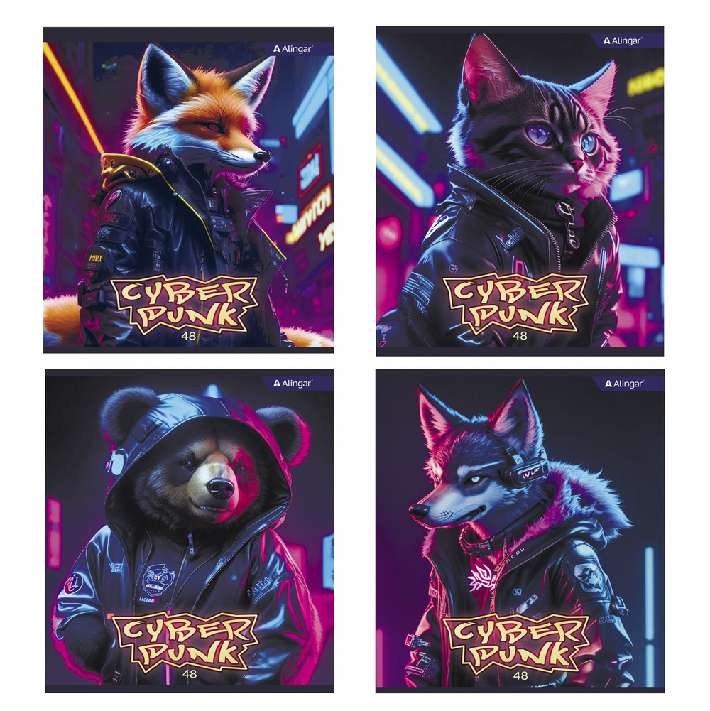 Тетрадь 48л., А5, клетка, Alingar "Cyber punk", скрепка, мелованный картон (стандарт), блок офсет, 4 дизайна в пленке т/у