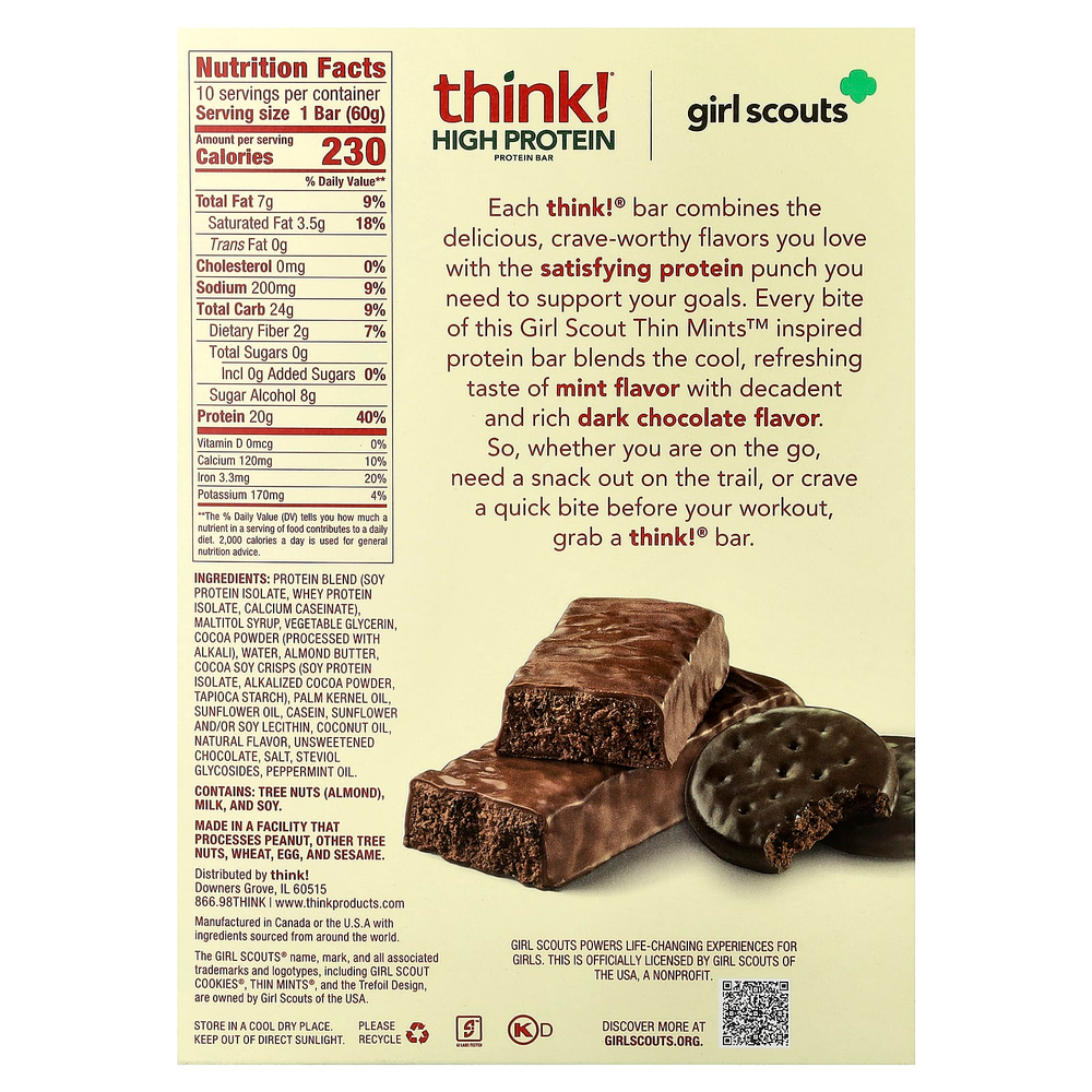 Think !, высокопротеиновые батончики, Girl Scouts Thin Mints™, 10 батончиков, 60 г (2,1 унции) каждый