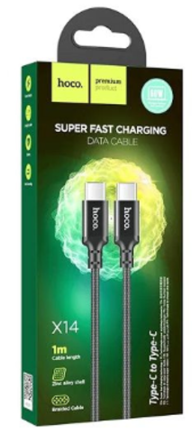 Кабель Hoco X14 60W (Type-C) на (Type-C) 100см нейлоновая оплетка (черный)
