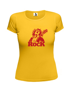 Футболка Rock женская приталенная желтая с красным рисунком