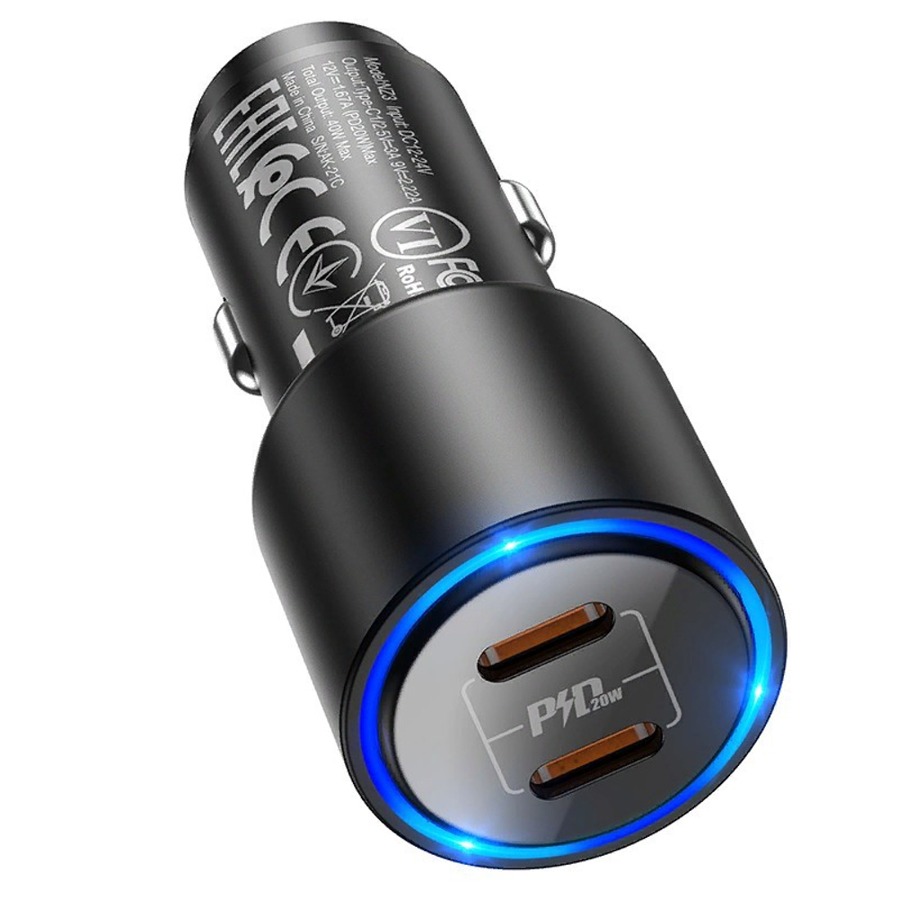 Разделитель автомобильный Hoco NZ3 Clear way 40W dual port PD car charger (2Type-C: 5V &amp; 2.4A 20W/ total output 40W) Черный