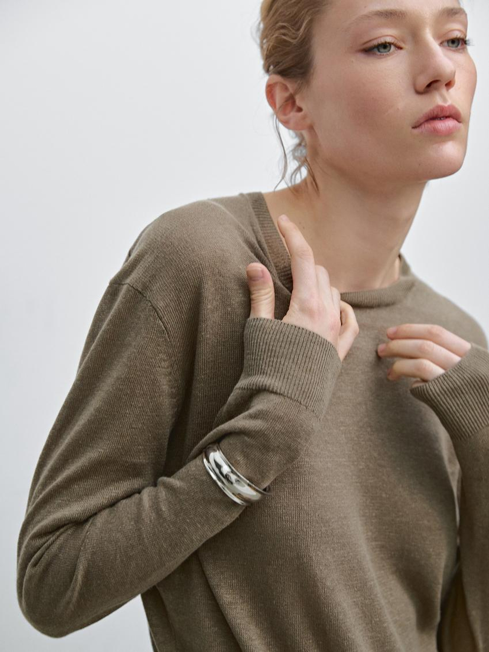 Massimo Dutti Свитер из тонкой 100% льняной ткани, зеленоватый