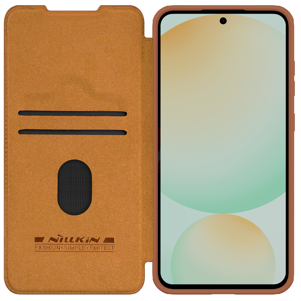 Кожаный чехол книжка коричневого цвета от Nillkin для Samsung Galaxy S24 FE, серия Qin Pro Leather с защитной шторкой для камеры
