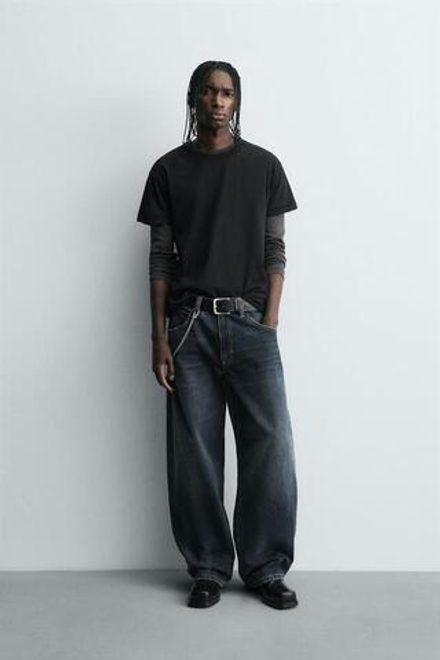 ZARA ДЖИНСЫ BALLOON FIT С ЭФФЕКТОМ ПОТЕРТОСТИ, СЕРО-СИНИЙ