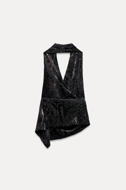 ZARA ТОП ИЗ БАРХАТИСТОЙ ТКАНИ С ГОРЛОВИНОЙ ХАЛТЕР, ЧЕРНЫЙ-КОРИЧНЕВЫЙ