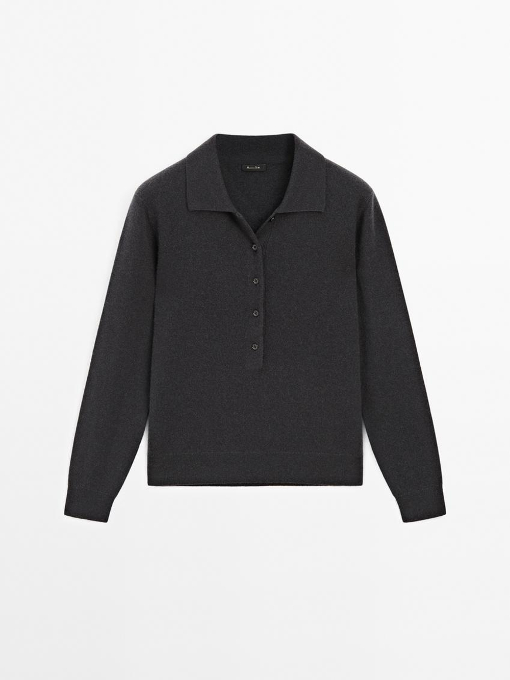 Massimo Dutti Трикотажный свитер поло из 100% кашемира, темно-серый