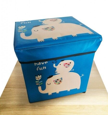 Детский складной пуф-короб для хранения 2 в 1, 29х30х30 см, цвет синий, рисунок слоники