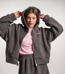 Худи на молнии укороченная из плюшевой ткани, графит