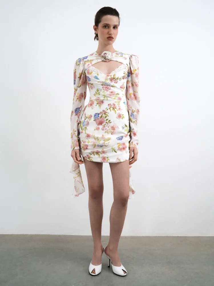 Мэйси мини (Macy mini), платье мини из молочного крепдешина с цветочным принтом