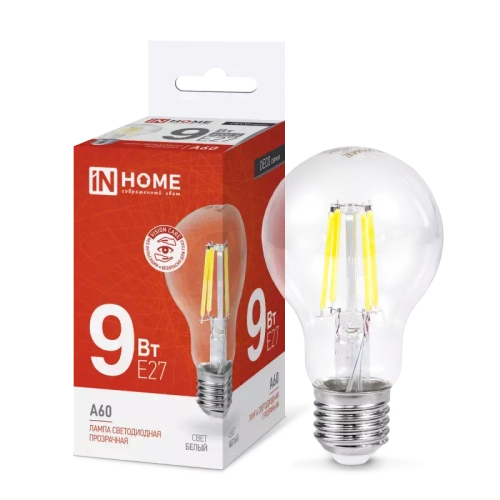 Лампа светодиодная LED-A60-deco 9Вт 230В Е27 4000К БЕЛЫЙ 1040Лм прозрачная IN HOME