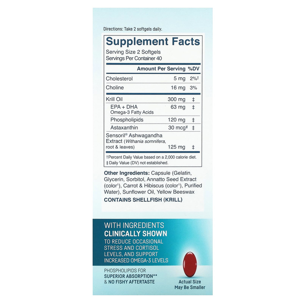 Kori, Чистое масло антарктического криля, омега-3 для тела и стресса с ашвагандой, 80 мягких таблеток