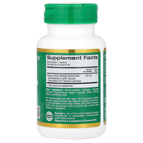 California Gold Nutrition, EuroHerbs™, экстракт гинкго билоба, качество Euromed, 120 мг, 60 растительных капсул