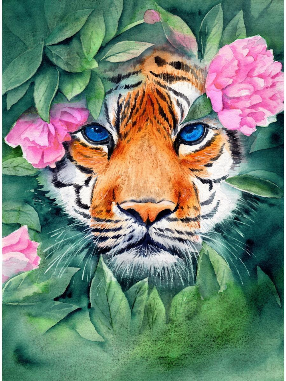 Картина по номерам 17х22см. "Тигр в кустах" 14цв. коробка (Арт. Х-3870)