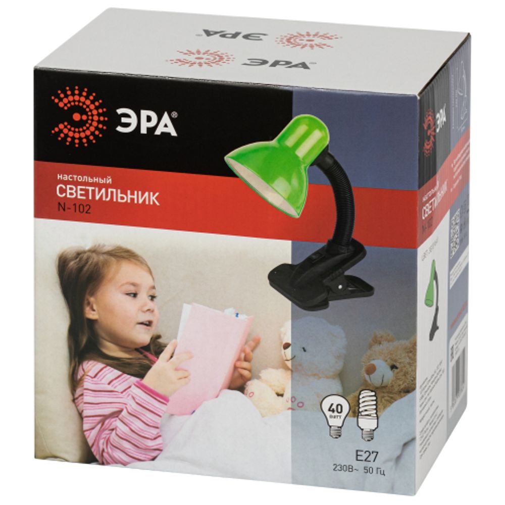 Настольный светильник ЭРА N-102-Е27-40W-GR на прищепке зелёный