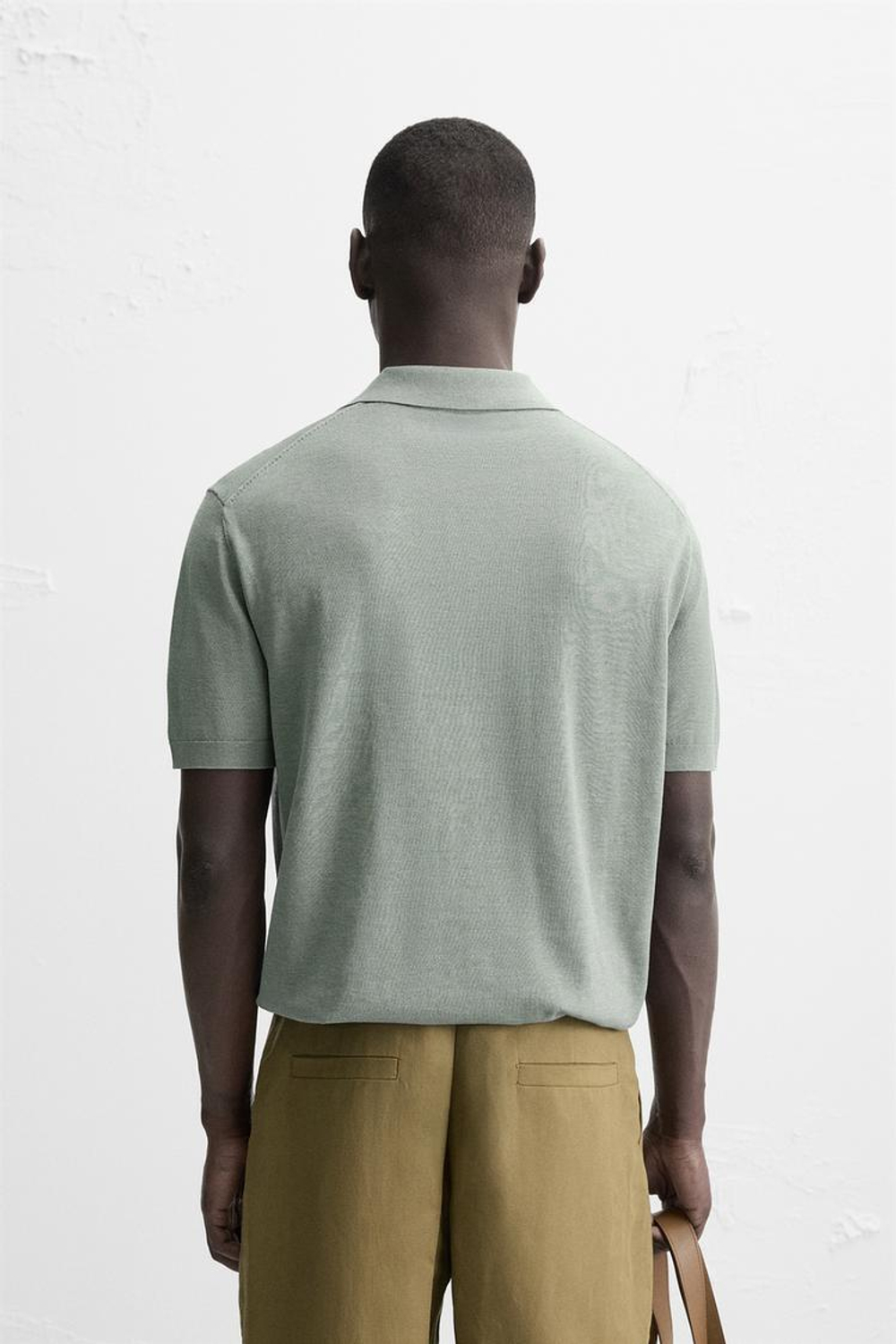 ZARA ПОЛО ИЗ ХЛОПКА И ШЕЛКА, ЛИНЯЛЫЙ ЗЕЛЕНЫЙ