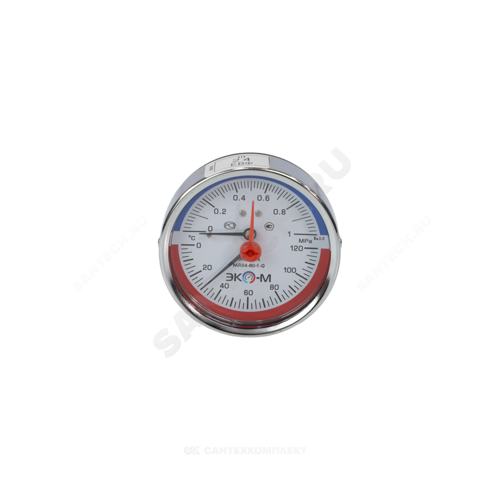 Термоманометр МД04 осевой Дк80 0-1,6 МПа L=40мм G1/4" 120С с переходником на G1/2" ЭКОМЕРА МД04-80-G-1,6МПа-120-L-40-ОИ