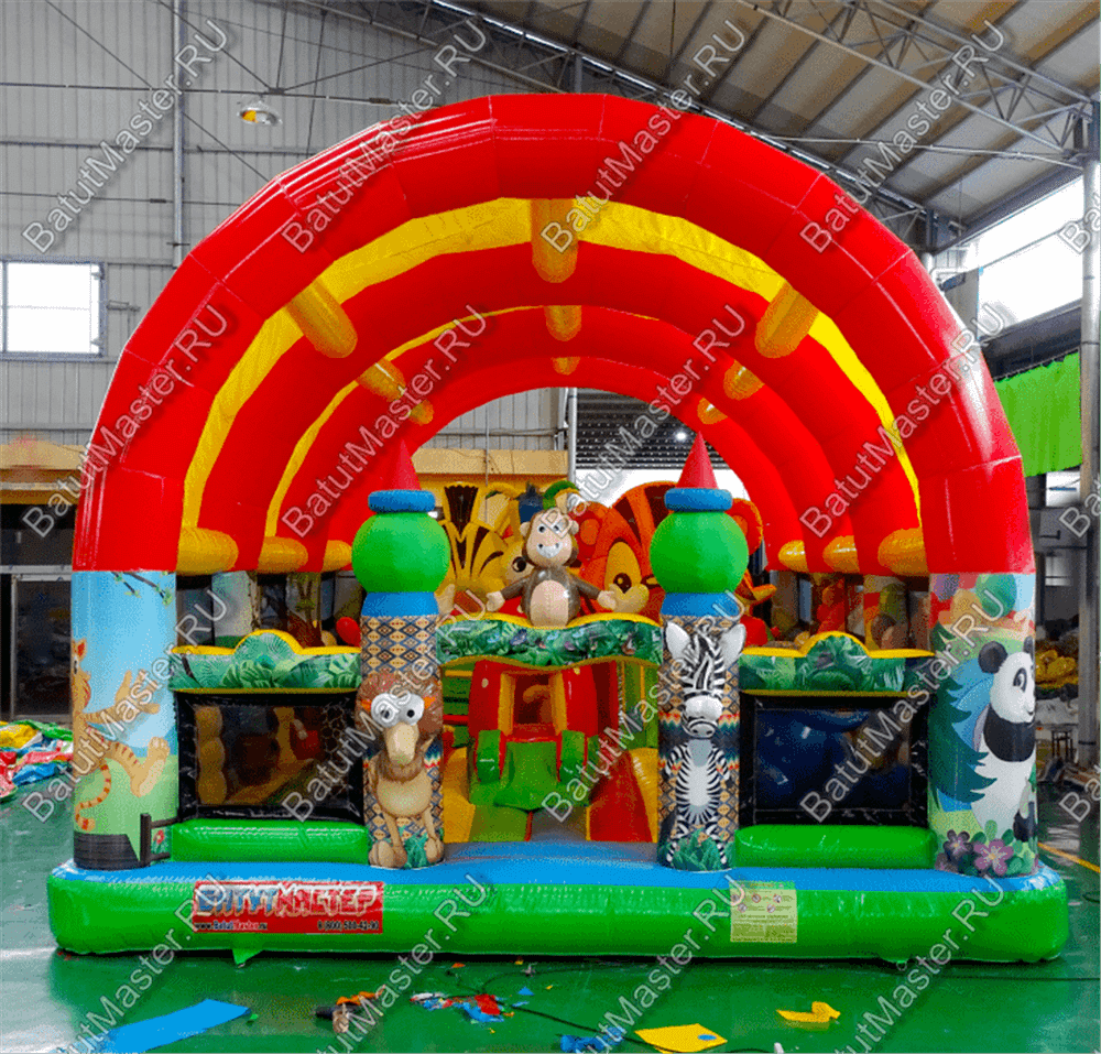 Надувной батут "Зверята с крышей 3" со скалодромом, 11*7*6 м
