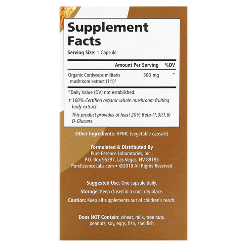 Pure Essence, MyPure, кордицепс, 500 мг, 60 растительных капсул