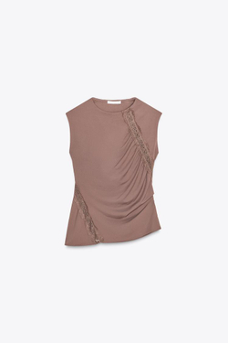 ZARA ТОП ИЗ ПОЛИАМИДА С КРУЖЕВОМ, КОРИЧНЕВЫЙ