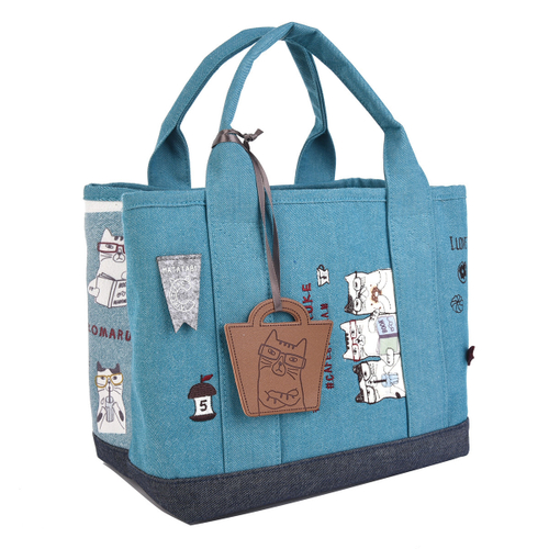 Сумка-шоппер (тоут) с перегородкой и карманом для напитков "NEKOMARUKE", бирюзовый, 24-7010-3, KUSUGURU