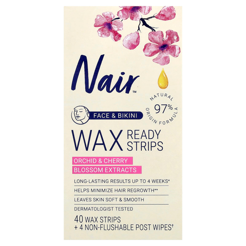 Nair, восковые полоски для эпиляции, для лица и зоны бикини, экстракты цветков орхидеи и вишни, 40 восковых полосок и 4 салфетки