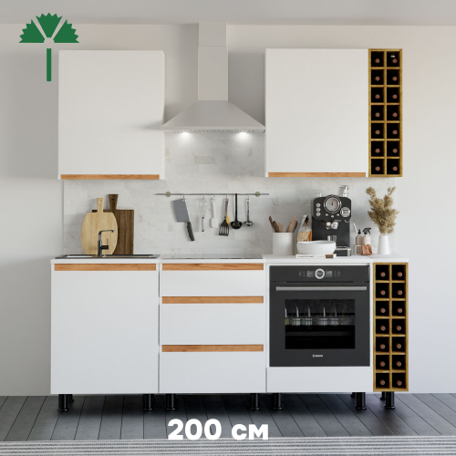 Кухня Валенсия 200 см со столешницей (7 модулей) / белый ЛДСП, массив дуба