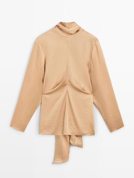 Massimo Dutti Струящаяся атласная блузка со шнуровкой - STUDIO, натуральный/кремовый