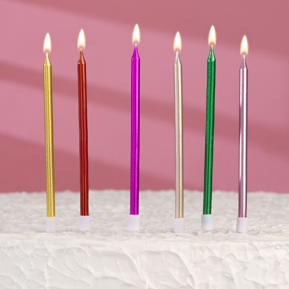Свечи в торт коктейльные &quot;С днем рождения&quot;, 6 шт, 13,5 см, металлик (ЦВЕТНЫЕ)