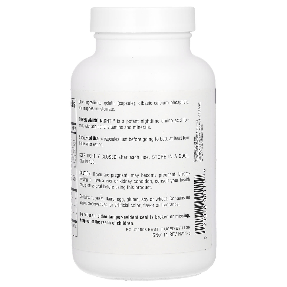 Source Naturals, Super Amino Night, формула с аминокислотами, ночная, 120 капсул