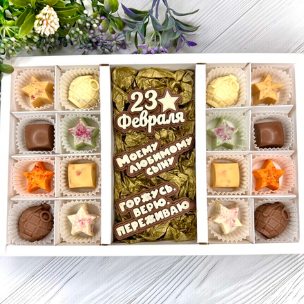 Шоколадный набор "С 23 февраля. Любимому сыну. Горжусь": 3 шоколадки и 16 конфет ручной работы