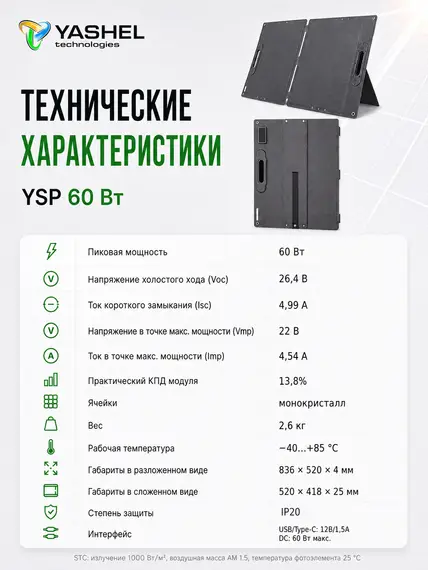 Туристическая солнечная панель YASHEL 60 Ватт