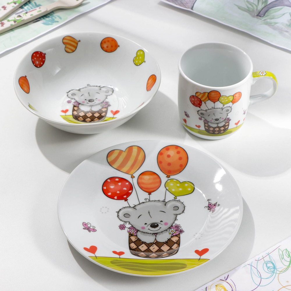 5478726 Набор детской посуды Доляна «Коала», 3 предмета: кружка 250 мл, миска 400 мл, тарелка d=18 с