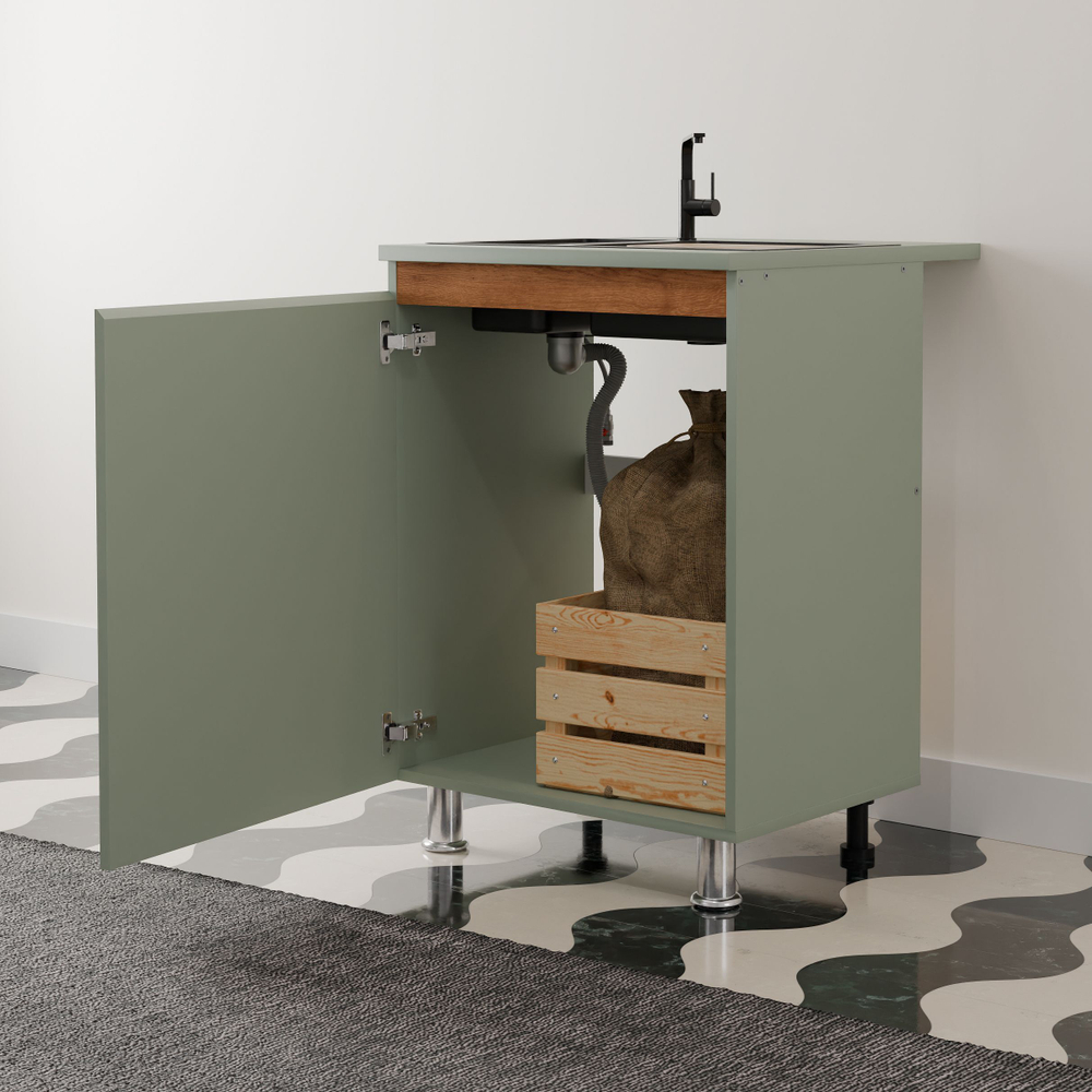 Кухонный модуль напольный под мойку 60 см Малага со столешницей, с дубовой панелью, на ножках / зеленый самшит, массив дуба