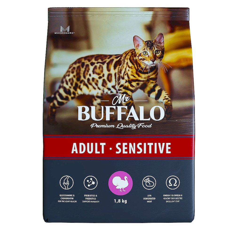 Сухой корм Mr.Buffalo ADULT SENSITIVE для взрослых кошек с чувствительным пищеварением, индейка, пакет 1,8 кг