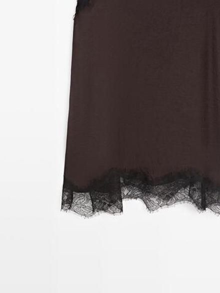 Massimo Dutti Топ в бельевом стиле с контрастной отделкой кружевом, коричневый