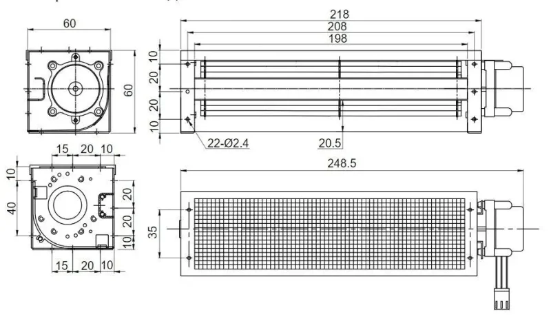 Вентилятор тангенциальный VD203-12D-G с решеткой 92 м3/час, 0.2А, 12В DC, 2600 об/мин