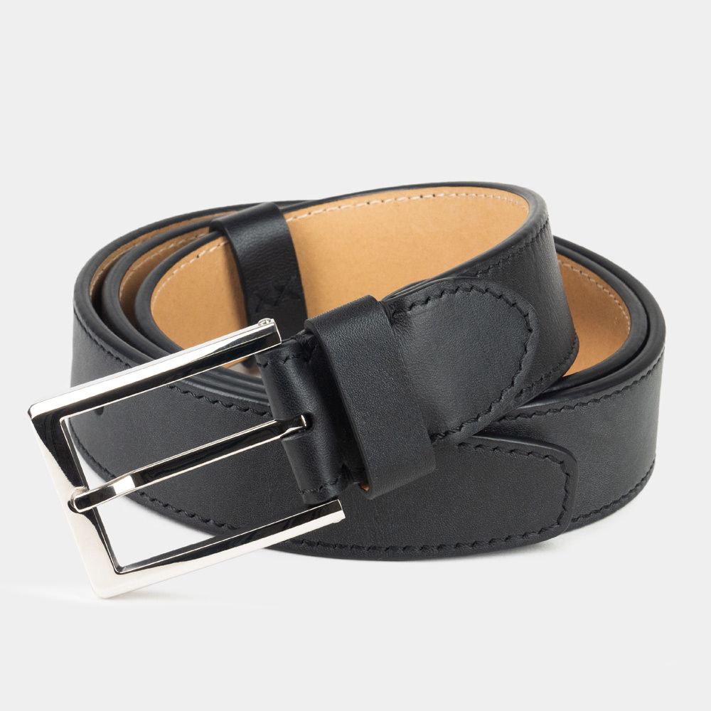 Ремень мужской кожаный из теленка черного цвета в ширина 35мм пряжка Сталь