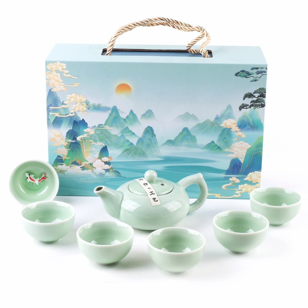 266064 Сервиз "РЫБКИ 3D" чайник 150мл, 6 пиал по 50мл, в подар.коробке, фарфор